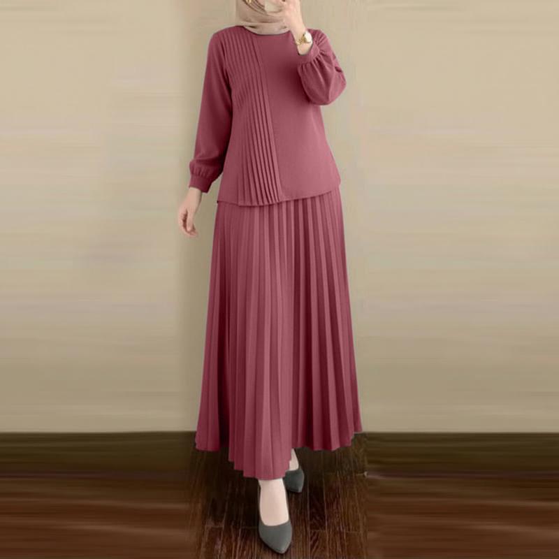 ZANZEA Completi casual da donna a due pezzi: camicetta a maniche lunghe e gonna a pieghe