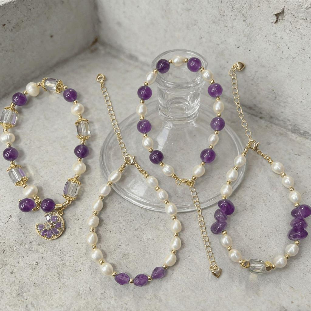 Women's Amethyst & Freshwater Pearl Adjustable Bracelet – Light Luxury Crystal Design