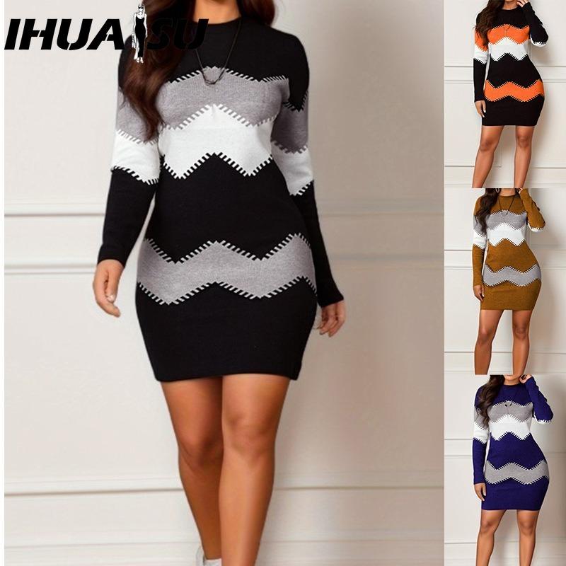 IHUASU Dámská móda podzimní zima ležérní šaty s dlouhým rukávem do O s výstřihem