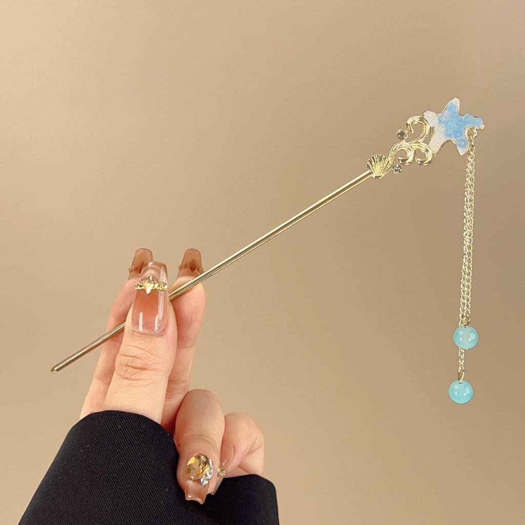 A Niche High-end Blue Shattered Crystal Women's Alloy Hairpin with Antique Style Tassels And Fresh Ocean Style Hair Accessories