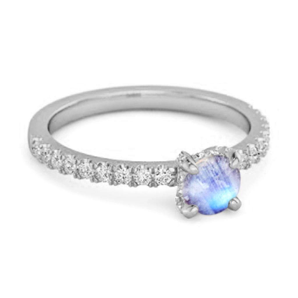 Moonstone Classic Solitaire Pave Band Ring - 925 Sterling Silver