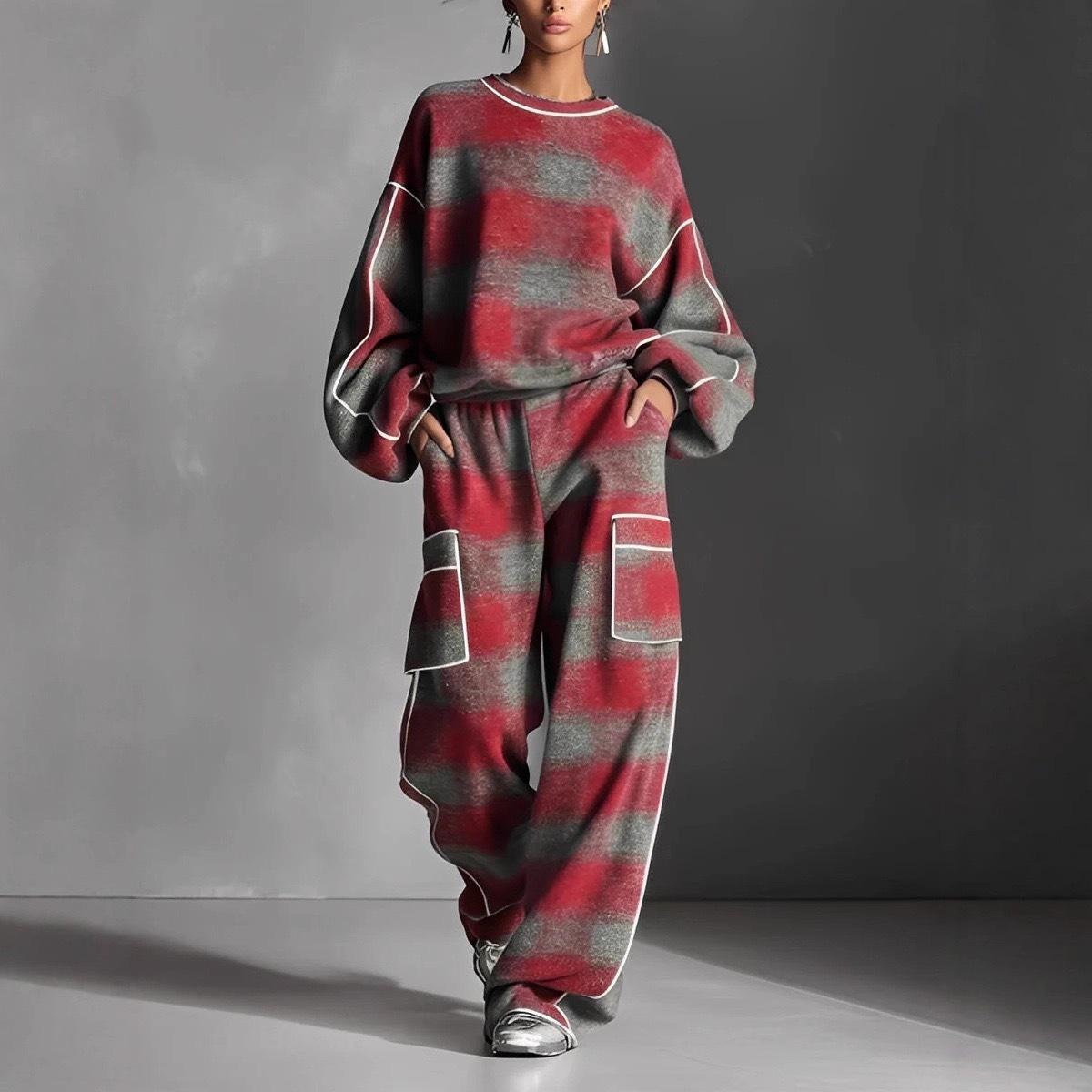 

2025 European & American Women s Plaid Distressed Street Style Ruffled Pantsuit S