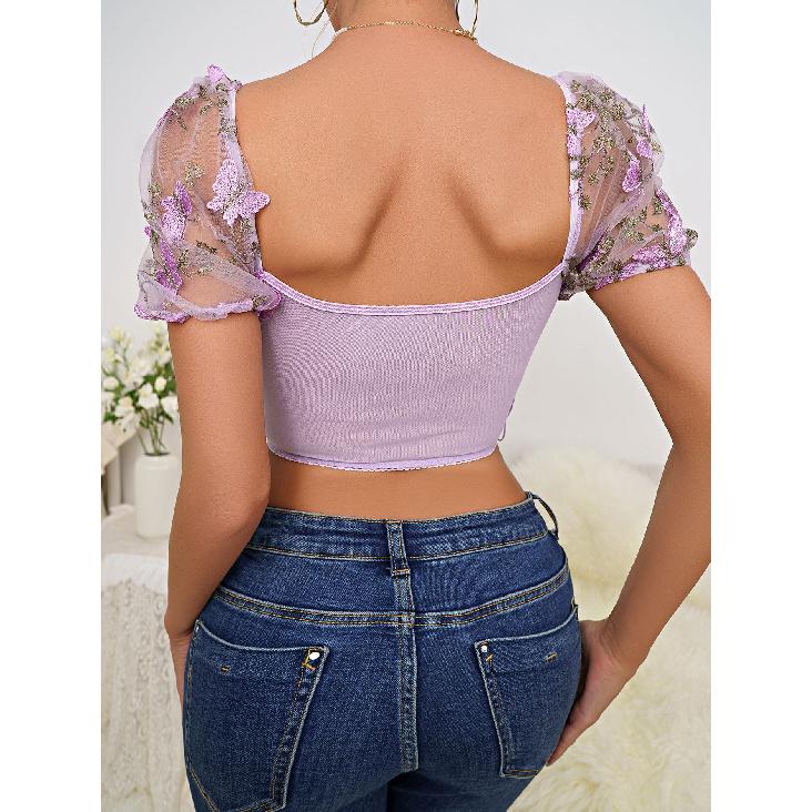 Cross-Border Hot-Selling Puff Sleeve Sexy Floral Crop Top with Underwire, Gathered Drawstring Waist Lace Blouse
