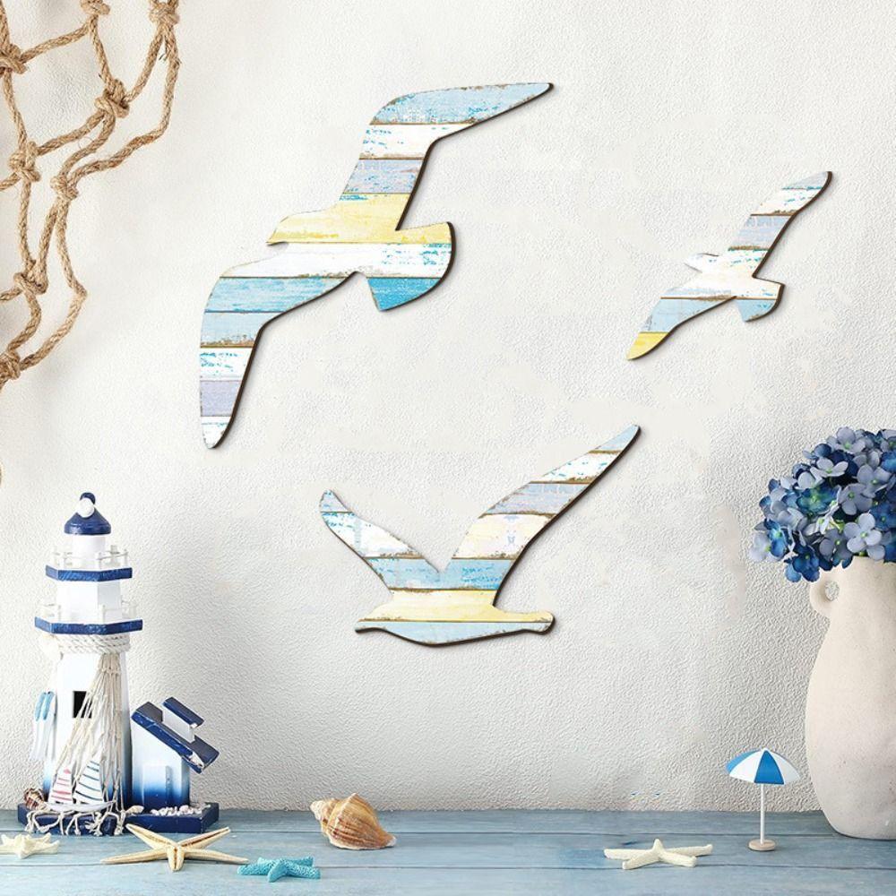 3Pcs Wooden Seagull Wall Sign Decoration Art Background Pendant Wall Hanging  Children's Room
