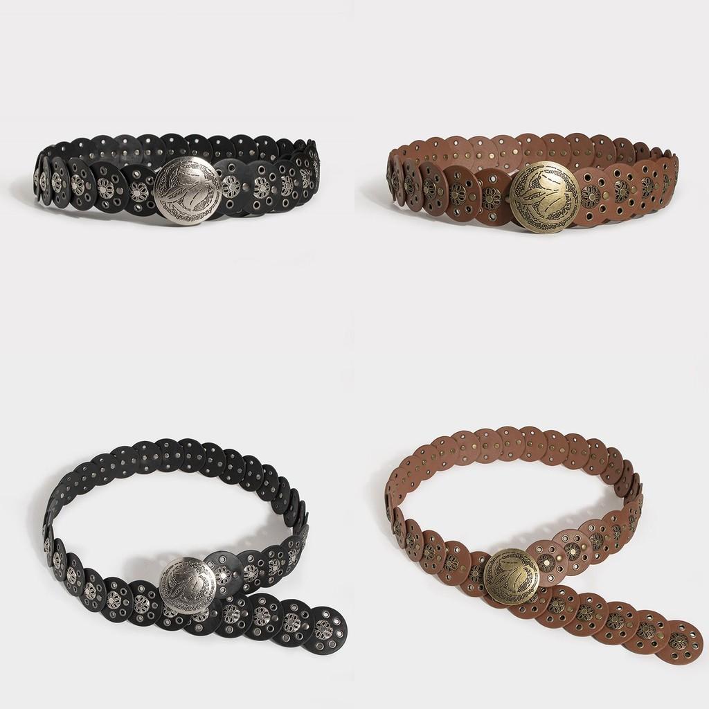 Punk Rock Wide Leather Belt With Riveted Eyelets For Casual Streetwear And Ladies