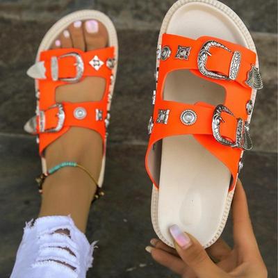 Women's Oversized Slippers New European and American Belt Buckle Willow Nail Flat Slippers Outerwear Open-toe Flip Sandals