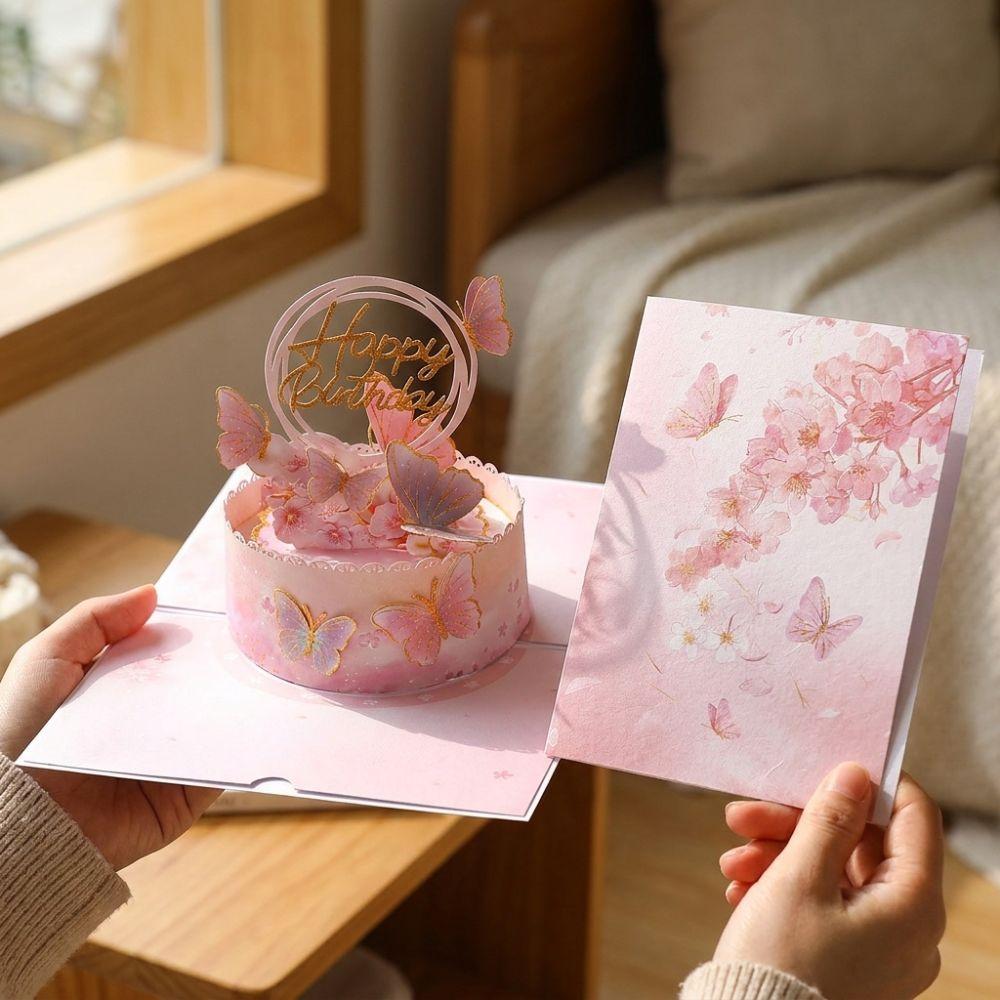 Stereo Card 3D Pop Up Greeting Card Best Wishes Thank You Card Flower Cake Card Birthday Party