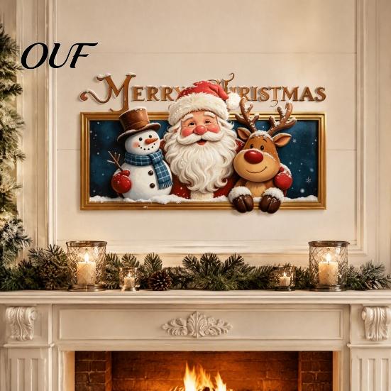 Holiday Party Wall Decorations Christmas Stickers, Santa Claus Reindeer And Snowman Decals with Photo Frame Design, Removable PVC Self-adhesive