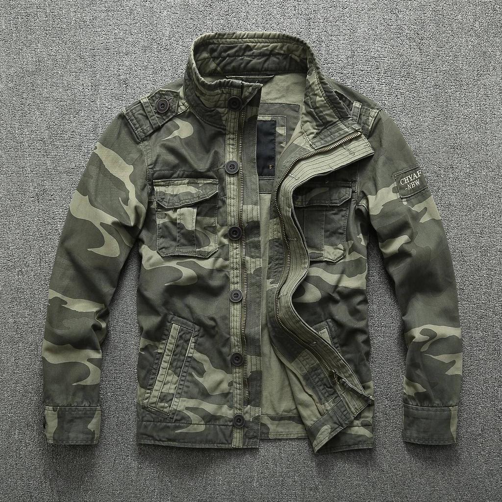 Autumn Men's Cargo Jackets Multi-Pockets Heavyweight Cotton Outdoor Stand Collar Casual Workwear Jackets Man