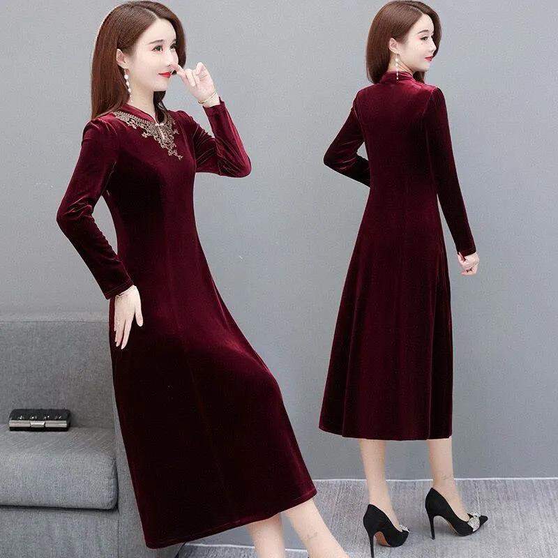 Women Autumn Winter Velvet Dress Lady Long Sleeve Party Velour Dress Casual A-Line Elegant Mid Long Dresses