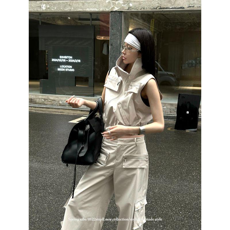 0122stepll Motor Force Sleeveless Tops Sexy Sexy Slimming Spring Light Khaki Cargo Pants Suit