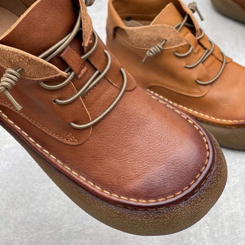 Johnature Handmade Genuine Leather Women's Shoes Versatile British Style Round Toe Cowhide Ankle Boots