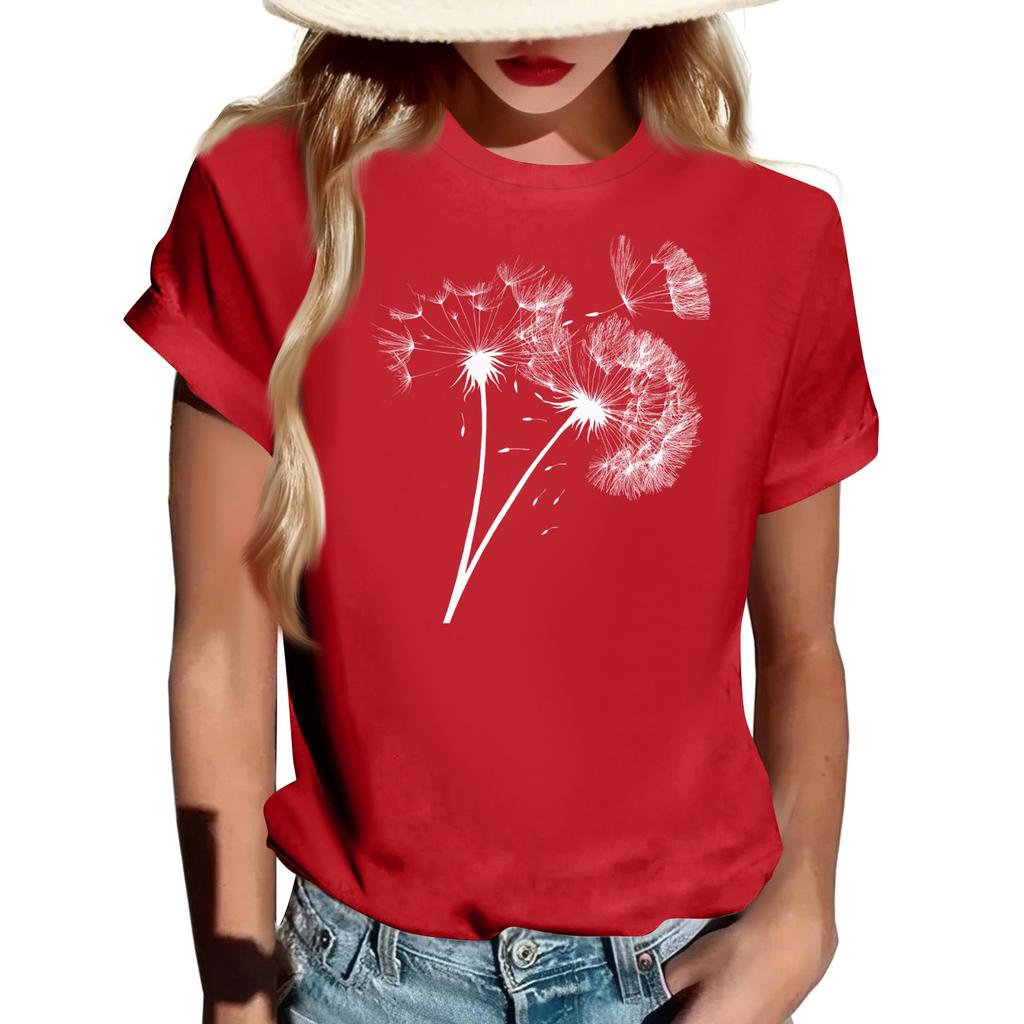 Women's Fashionable Round Neck Casual Retro Print Short Sleeved T-shirt Top