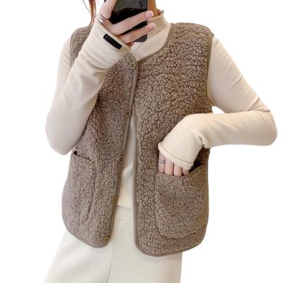 Augseed Sleeveless Shaggy for Autumn and Solid Crew Front Plus Loose Zipper Cold Slimming Women's Vest/Gilet Winter, Color, Neck, Opening, Pockets,