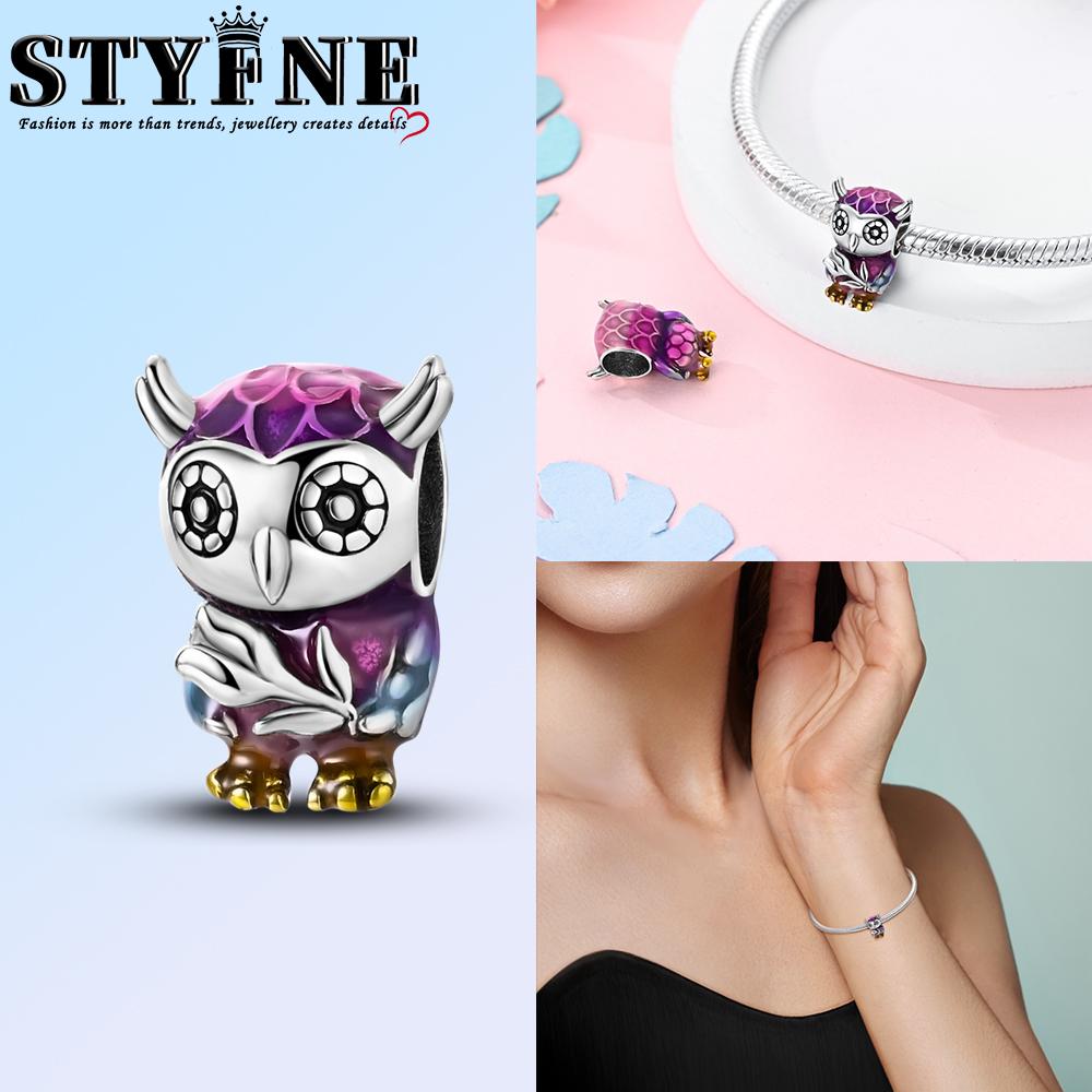 Copper Fashion Purple Owl Charms Beads Owl Safety Chain Fit Original Bracelets Diy Graduation Jewelry Gifts