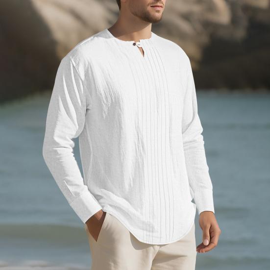 Men Shirt Round Neck Long Sleeve Loose Fit Shirt Pure Color Pleated Casual