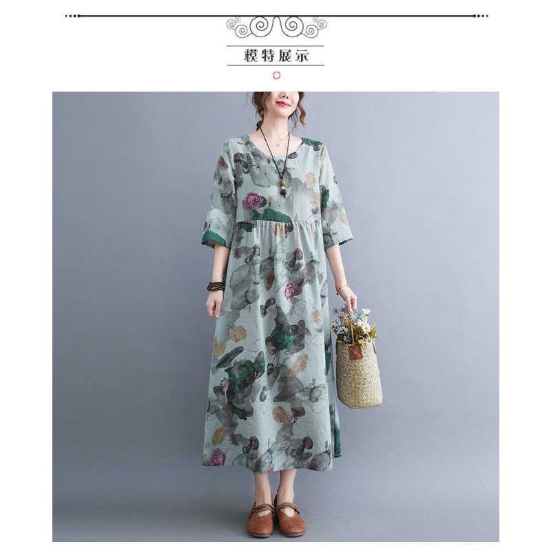 Summer New Literary Large Size Loose Thin Round Neck Five-minute Sleeve Age Reduction Women's Dresses