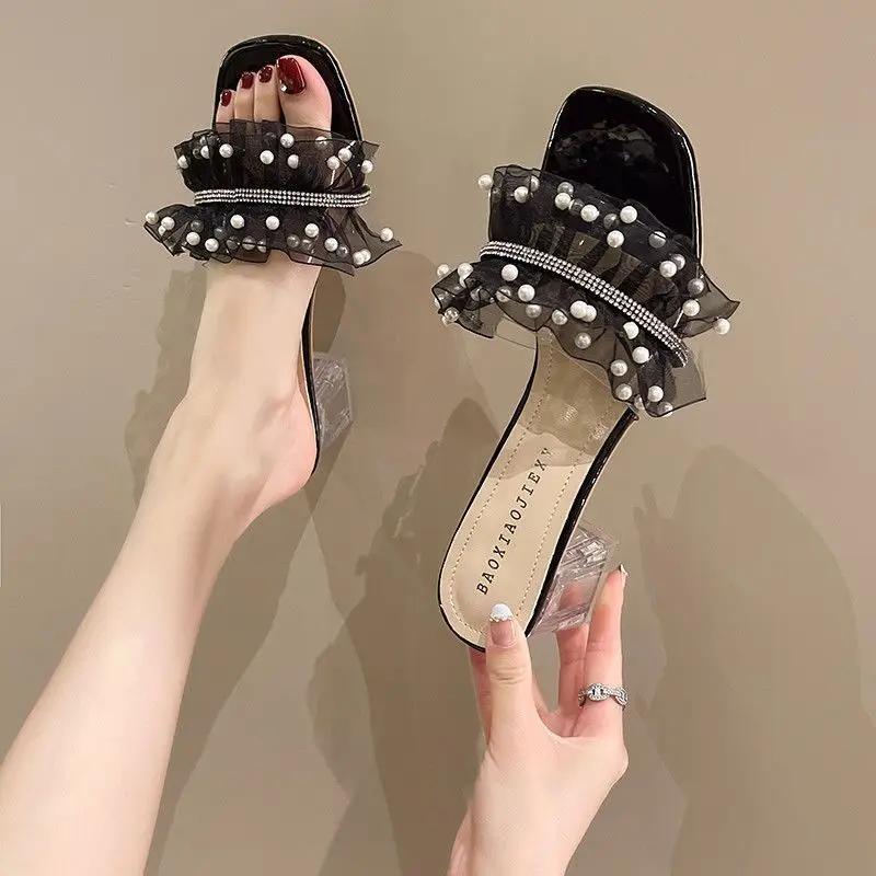 Woman Slippers Medium Heel Lace Shoes for Women On Sale Summer Top Designs 39 Designer Luxury Slides 2025 Slip-resistant Sandals