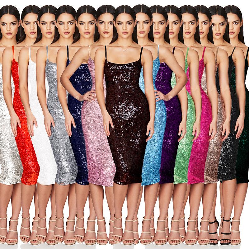 European and American women's skirt women's summer dress temperament sequined backless suspender dress summer women