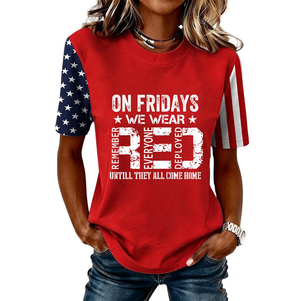 Women Casual Short Sleeve T Shirt Crew Neck Letter Print Top Stars and Stripes Sleeve Design Comfortable Fit