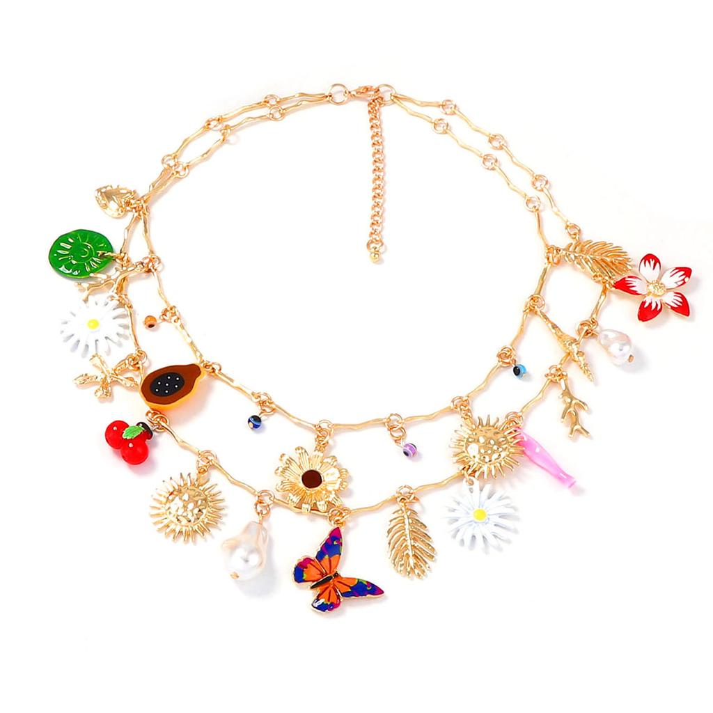 Personalized Trend Metal Chain, Dripping Alloy Butterfly Flower Sunflower Imitation Pearl Pendant, Women's Necklace