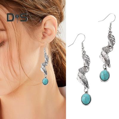 1 Pair Women Hanging Earrings Retro Anti-allergy Bohemian Style Swirling Feather Shape Electroplated Faux Turquoise Ear Jewelry Prom Party Long Hook