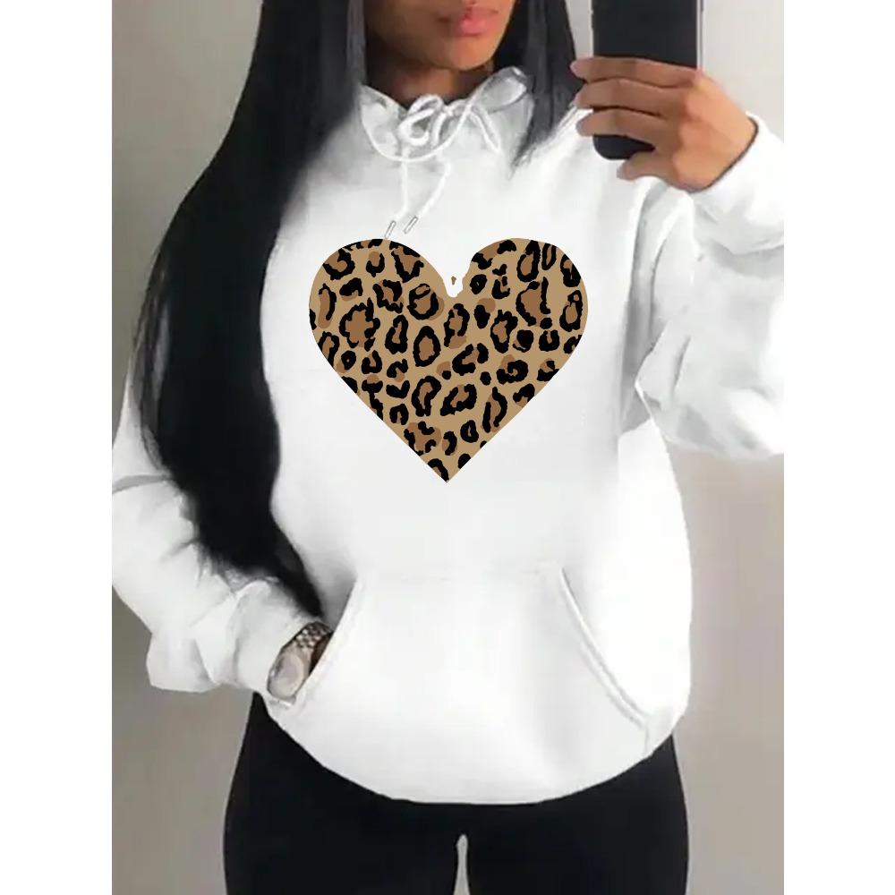 Simple Leopard Print Heart Design Hoody Women Oversize Fleece Hoodies Autumn Hip Hop Sportswear Fashion Clothing