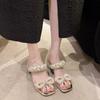 Woman Fashion Bows Silver Chunky Heel Sandals Women Summer New Transparent Square Toe Slippers Ladies Open Toe Shiny Party Shoes