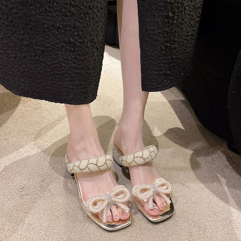 Woman Fashion Bows Silver Chunky Heel Sandals Women Summer New Transparent Square Toe Slippers Ladies Open Toe Shiny Party Shoes