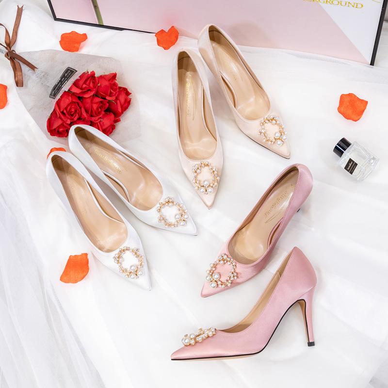 French Wedding Shoes Satin Bridal Heels White High Heels Pointed Toe Elegant