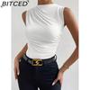 BITCED Women's Spring/Summer Fashion Versatile Solid-Colour Pleated Sleeveless Pullover with Half-High Neck T-Shirt
