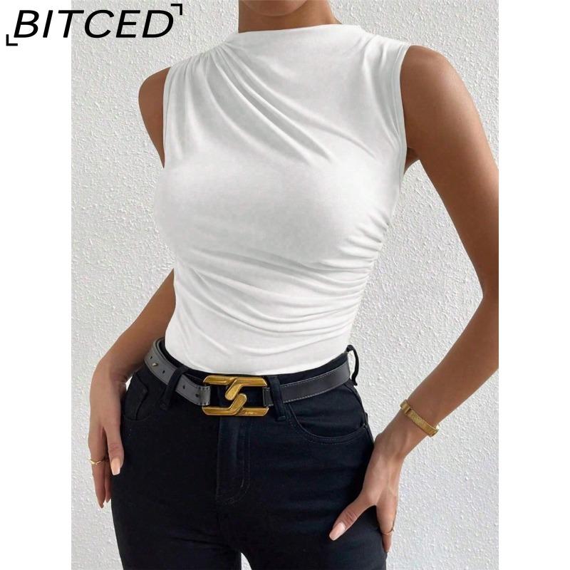 BITCED Women's Spring/Summer Fashion Versatile Solid-Colour Pleated Sleeveless Pullover with Half-High Neck T-Shirt