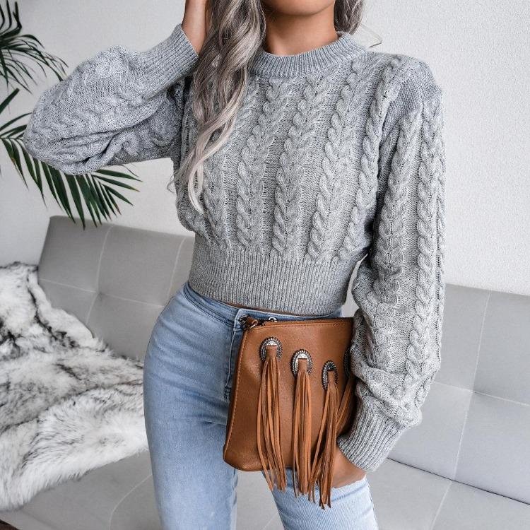 Knit Sweater Women Autumn Winter Long Sleeve Twist Neck S-XXL Crop