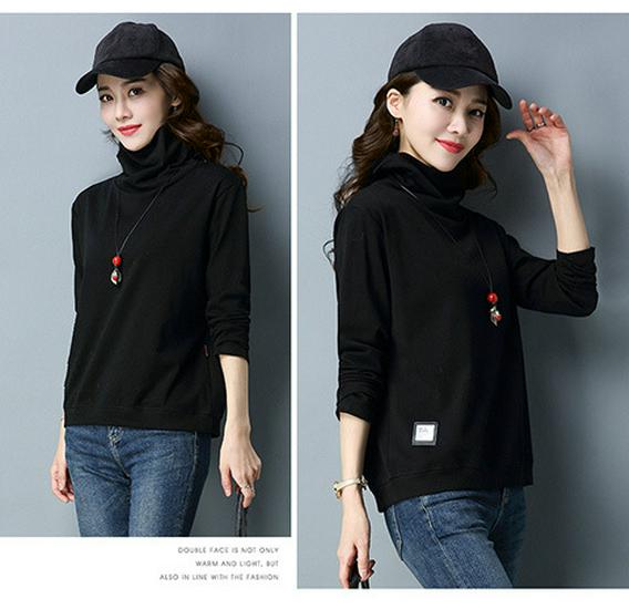Women's High Neck Fleece-Lined Loose Long Sleeve T-shirt - 2024 Trendy Autumn/Winter Korean Style