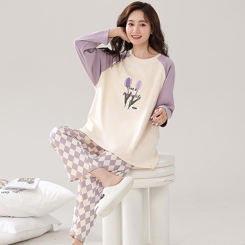 Reine Baumwolle Schlafanzug Damen Rundhals Pullover Langarm Loungewear Baumwolle Mädchen Zweiteiliges Set