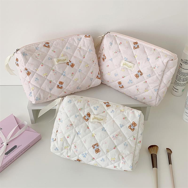Cute Bear Print Cosmetic Bag Large-Capacity Portable Travel Toiletry Bag Storage Bag  Student Pencil Case Girly Gifts