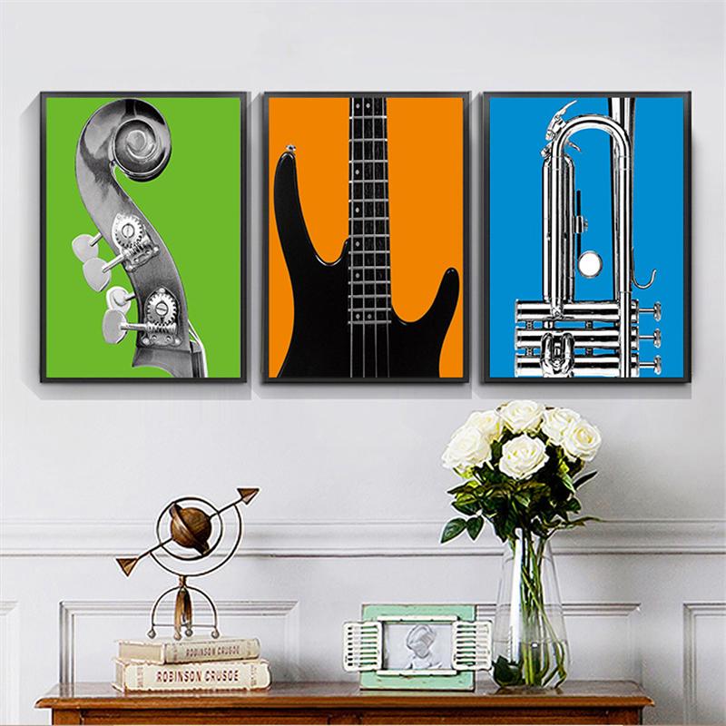 Modern Rock & Roll Musical Guitar Bass Trumpet Black White Canvas Painting Wall Poster Living Room Sofa Background Decor