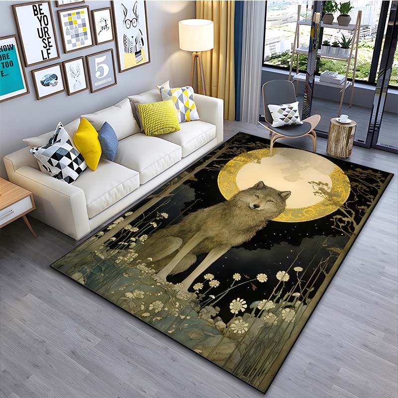 Black Wolf Pattern Area Rug–Stylish Carpet for Living Room or Bedroom – Non-Slip Bedside Floor Mat, Cool Home Decor Gift for Men