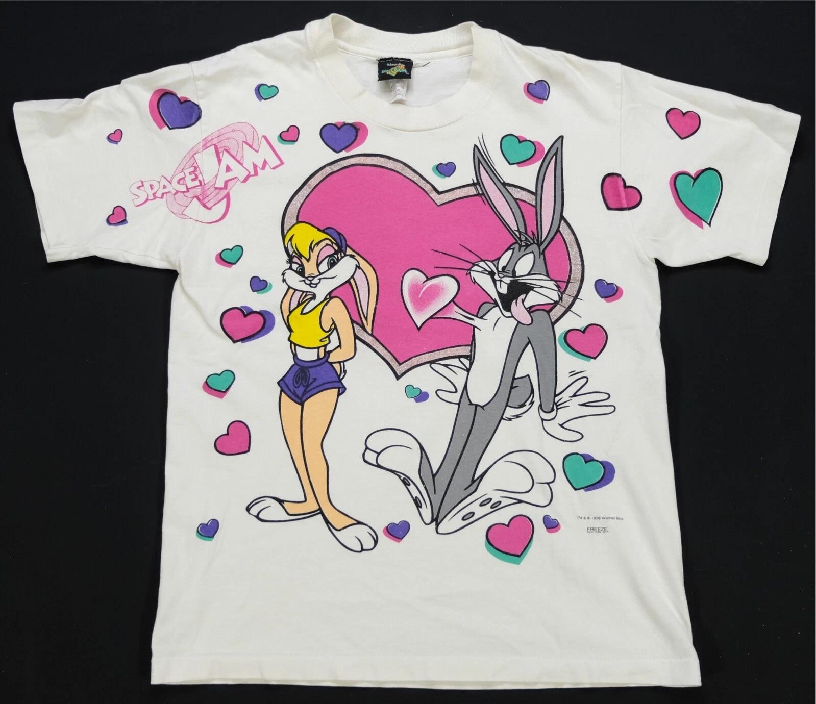 Rare VTG Space Jam Lola Bugs Bunny 1996 Hearts All Over Print T Shirt 90s YTH OS M