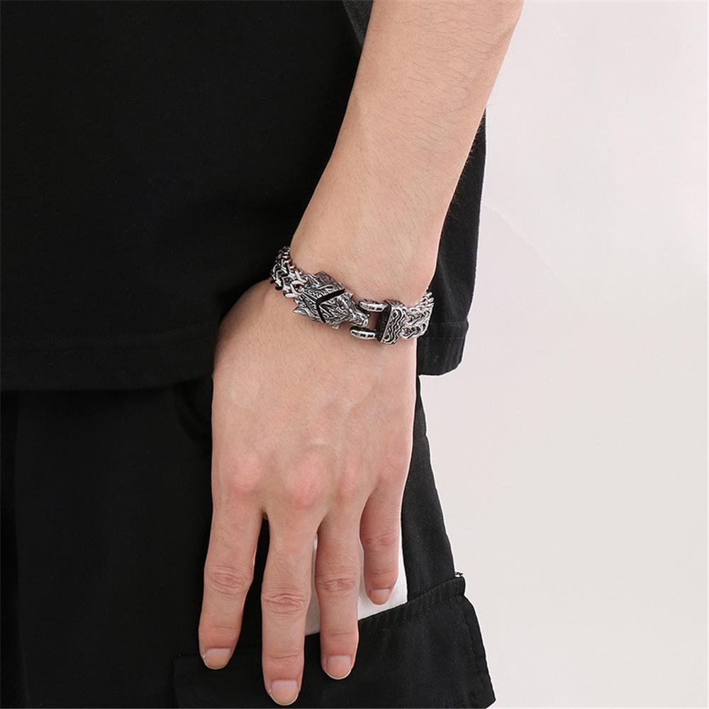 Retro Vikings Bear Norse Wolf Bracelets Men Punk Stainless Steel Mesh Chain Biker Wristband Icelandic Jewelry