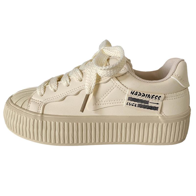 

B-9289 latex insole/shell head platform white shoes women s shoes leather surface casual shoes 2025 new board shoes 35 бежевый