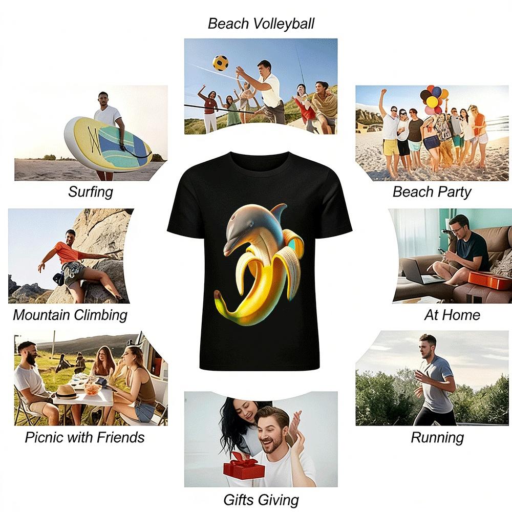 Funny Dolphin Banana Graphic Novelty Casual Short Sleeve T-Shirt Pure Cotton T-shirt