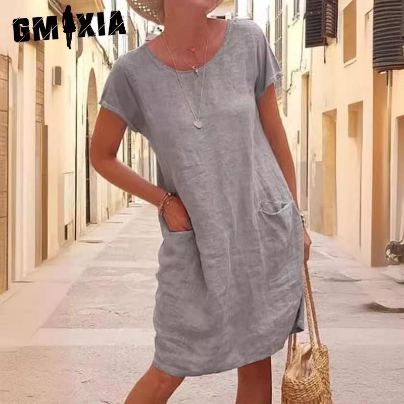 GMXIA Damenmode Sommer Frühling Einfarbig Druck O-Ausschnitt Hohe Taille Freizeitkleider