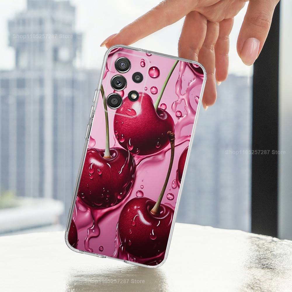 Fruit Tasty Cherry Phone For Samsung A30,71,51,S20,10,9,Ultra,FE,Lite, S21,23,22,PIus,Transparent, Silicone Case