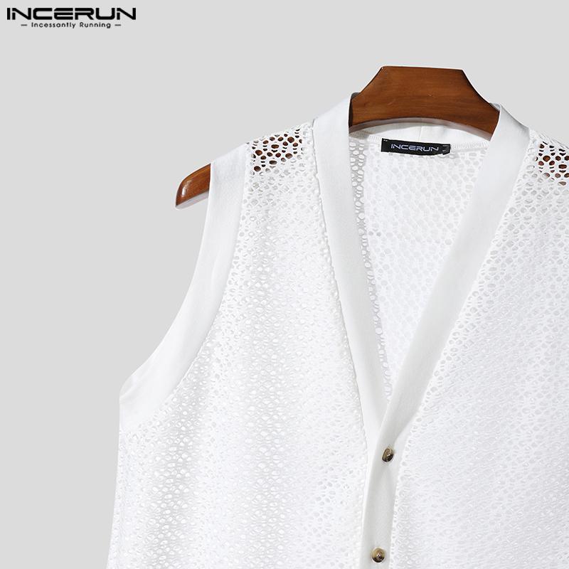 INCERUN Men Sleeveless Buttons Up Hollow Out Casual Tank Tops