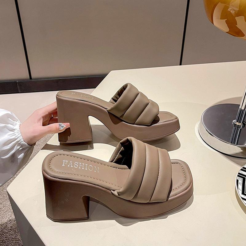 Womens High Heel Sandals for Outdoor Wear French Style Minimalist Casual Versatile Chunky Heel One Band Slippers Comfortable Chunky Heel