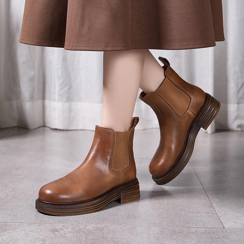 British Style Women Chelsea Boots Genuine Leather Heel Platform Comfortable Anti-slip Ankle Boots Winter Warm Women Short Boots