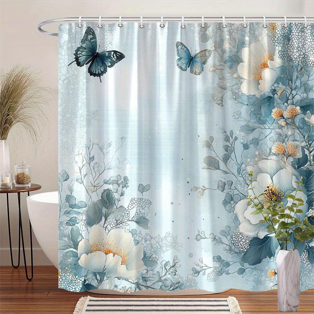 

1 Piece Of Vintage Romantic Floral Butterfly Pattern | Light Blue Polyester Fabric With White Peonies And Gray Flowers W60H190(CM)-1 Pcs