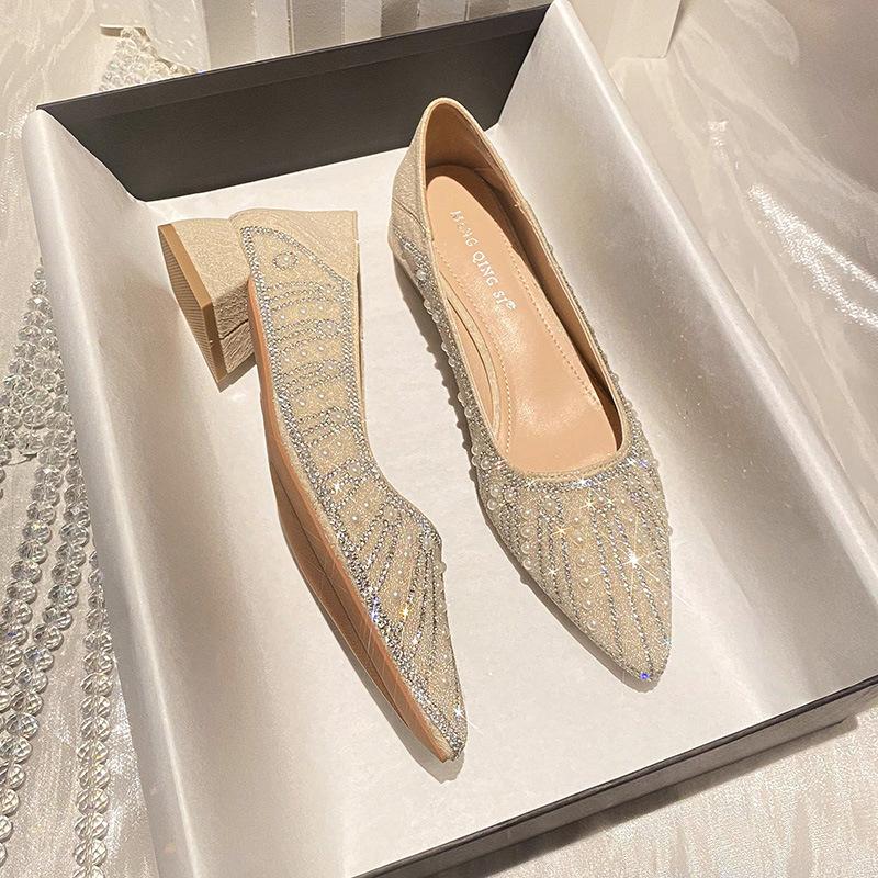 Fashion Luxury Pearl Beading high heels shoes for woman silver crystal pumps pointed toe sequines cloth bling tacones mujer big size 43