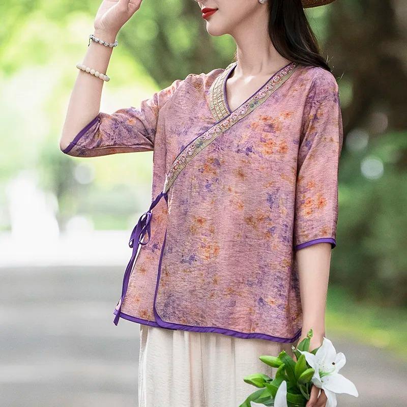 Women's Orange Floral Print Wrap Blouse with Frog Buttons Contrast Trim 3/4 Sleeve Top